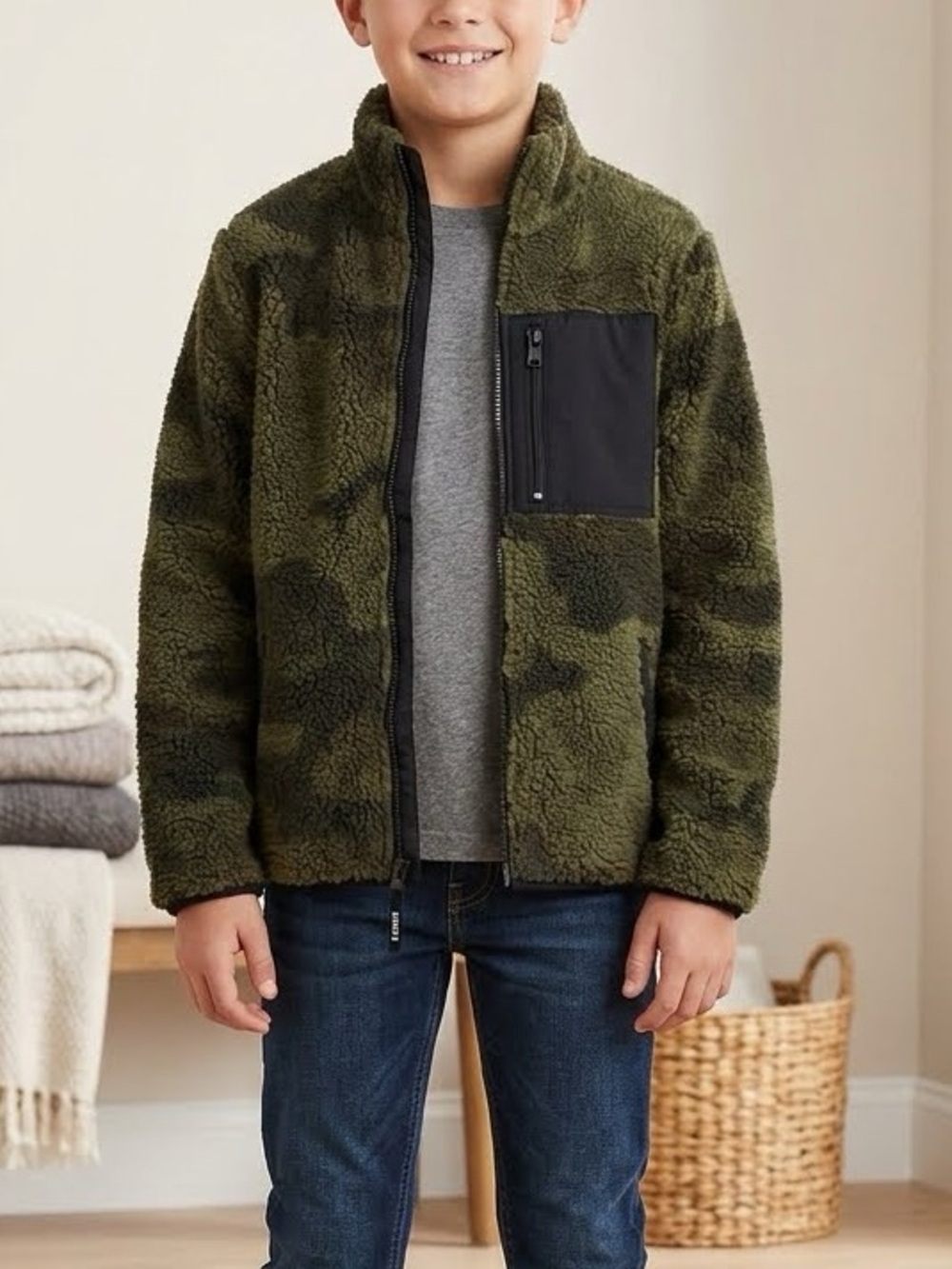 urban pipeline Olive Green Camouflage Sherpa Zip Jacket